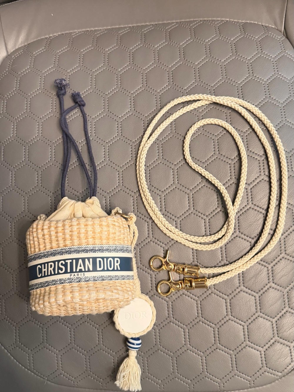 Dior Mini Raffia Bucket Bag Natural and Navy with Gold Chain and original strap - Picture 11 of 12